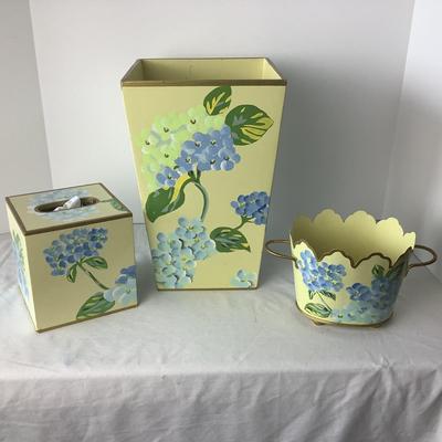 Lot. 8331. Yellow Blue Hydranga Waste Paper Basket with matching Tissue Box, and Cache Pot