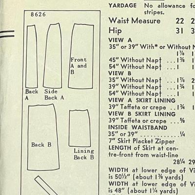vintage sewing pattern women's pencil skirt Vogue Pattern No. 8626 waist 24 hip 33 1955