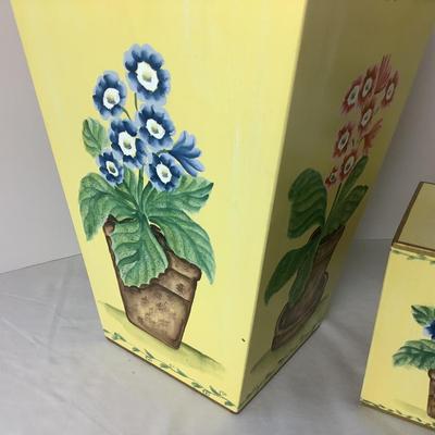 Lot. 8332. Handpainted Floral Waste Paper Basket, Tissue Box, and Canister Set