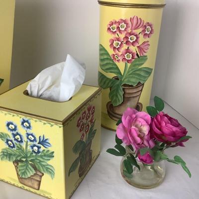 Lot. 8332. Handpainted Floral Waste Paper Basket, Tissue Box, and Canister Set