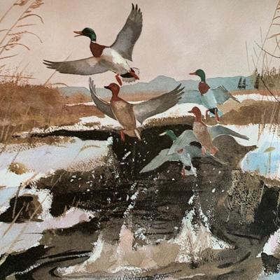Winter Marsh Signed Water Fowl Litho Chet Reneson