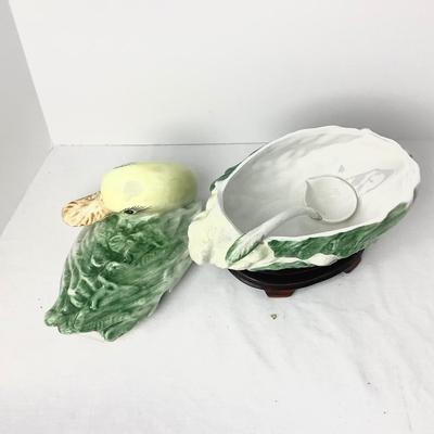8356 Italian Majolica Duck / Goose Cabbage Tureen w/ Ladle