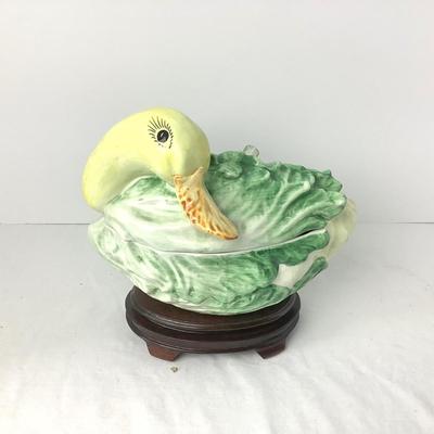 8356 Italian Majolica Duck / Goose Cabbage Tureen w/ Ladle
