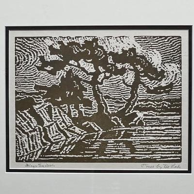 Birger Sandzen original nail-cut woodblock print Pines by the Lake 6x8