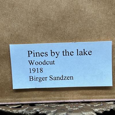 Birger Sandzen original nail-cut woodblock print Pines by the Lake 6x8