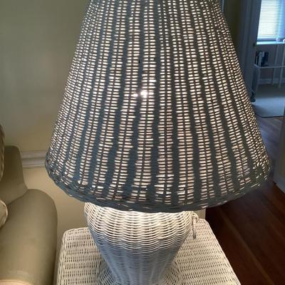 2 wicker rattan  lamps and shades 27â€H to finial 18â€diameter