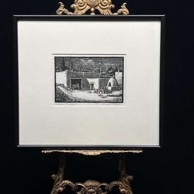 Herschel Logan original Prairie Printmaker Barnyard, New Mexico 4x6 archivally framed