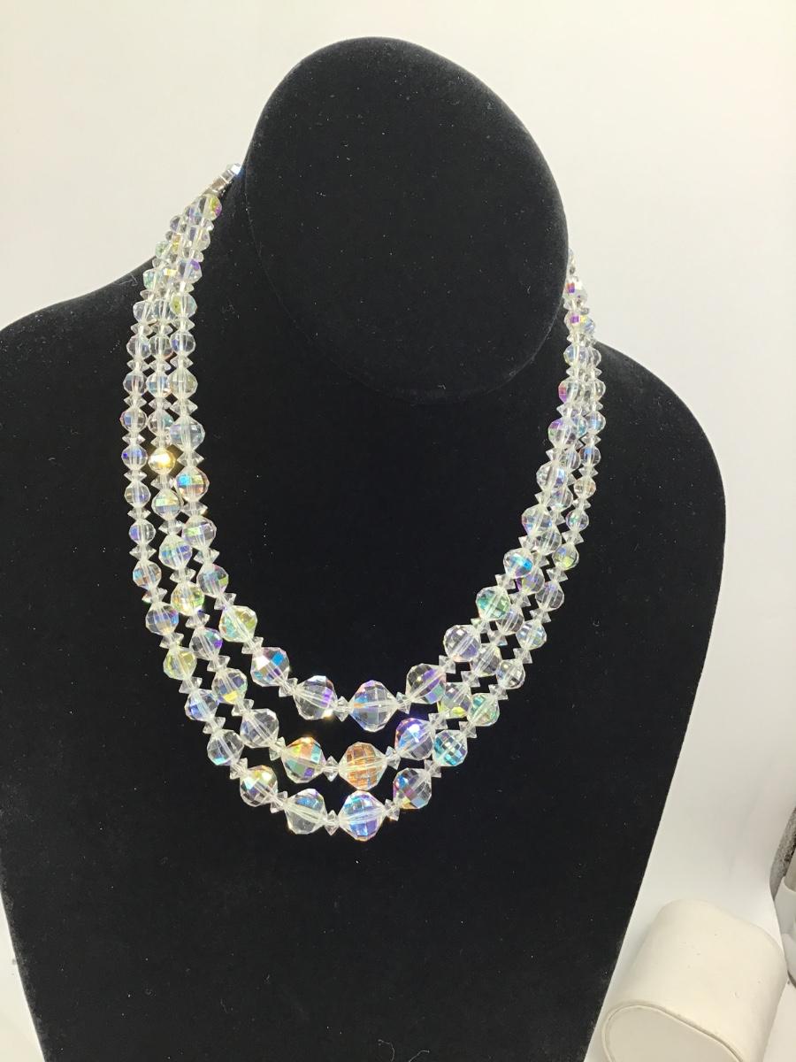 Vintage 3 Strand Laguna Aurora Borealis Crystal Necklace | EstateSales.org