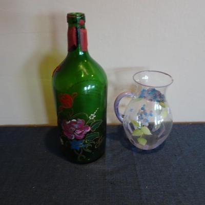 LOT 40. WINE BOTTLE AND HAND PAINTED PITCHER