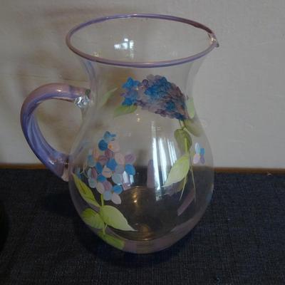 LOT 40. WINE BOTTLE AND HAND PAINTED PITCHER