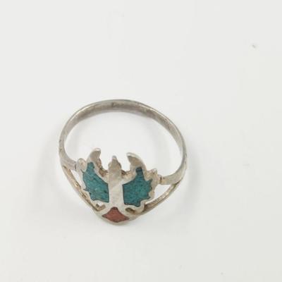 TURQUOISE & CORAL INLAID .925 SILVER RING SIZE 7