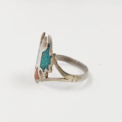 TURQUOISE & CORAL INLAID .925 SILVER RING SIZE 7