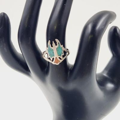 TURQUOISE & CORAL INLAID .925 SILVER RING SIZE 7