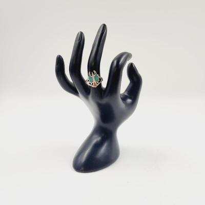 TURQUOISE & CORAL INLAID .925 SILVER RING SIZE 7
