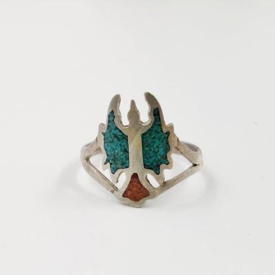 TURQUOISE & CORAL INLAID .925 SILVER RING SIZE 7