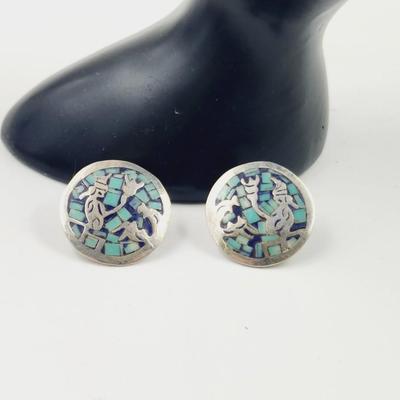 MEXICAN SILVER MOSIAC TURQUOISE EARRINGS