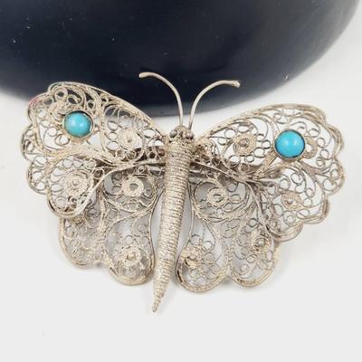 VINTAGE SILVER BUTTERFLY FILIGREE BROOCH