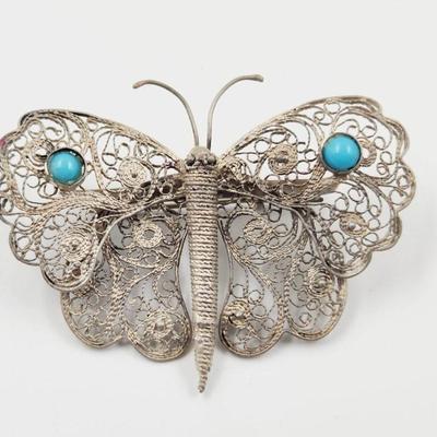 VINTAGE SILVER BUTTERFLY FILIGREE BROOCH