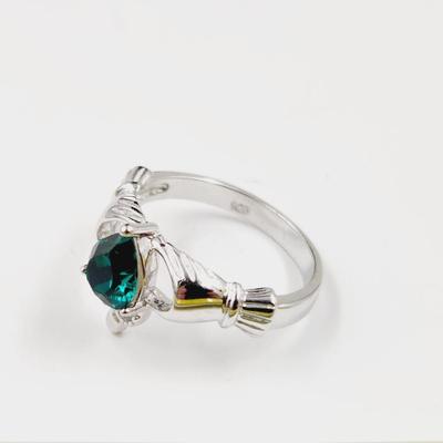 CLADDAGH .925 SILVER CZ EMERALD RING SIZE 6