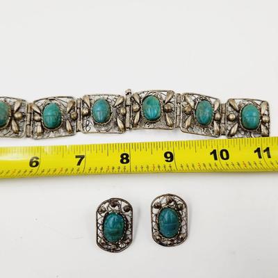 ANTIQUE HANDCRAFTED SILVER & TURQUOISE BRACELET & EARRING SET - SEE DESCRIPTION