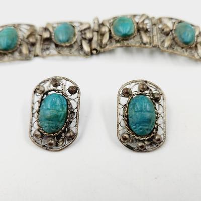 ANTIQUE HANDCRAFTED SILVER & TURQUOISE BRACELET & EARRING SET - SEE DESCRIPTION