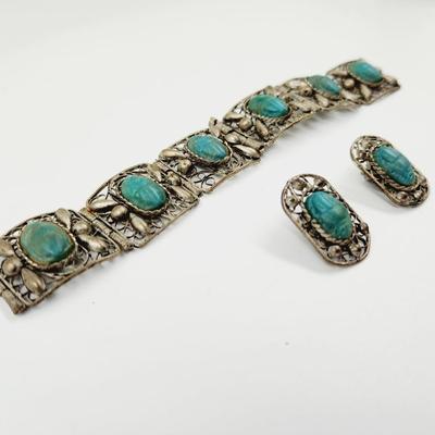 ANTIQUE HANDCRAFTED SILVER & TURQUOISE BRACELET & EARRING SET - SEE DESCRIPTION