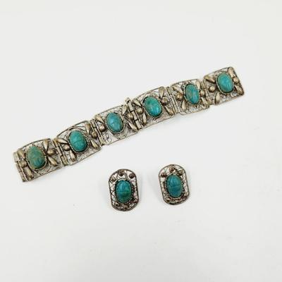 ANTIQUE HANDCRAFTED SILVER & TURQUOISE BRACELET & EARRING SET - SEE DESCRIPTION