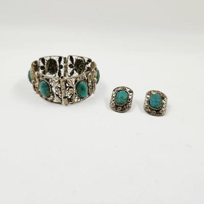 ANTIQUE HANDCRAFTED SILVER & TURQUOISE BRACELET & EARRING SET - SEE DESCRIPTION