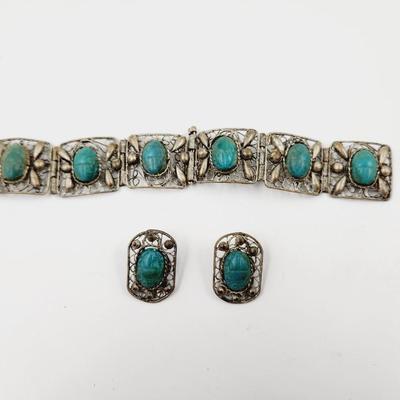 ANTIQUE HANDCRAFTED SILVER & TURQUOISE BRACELET & EARRING SET - SEE DESCRIPTION