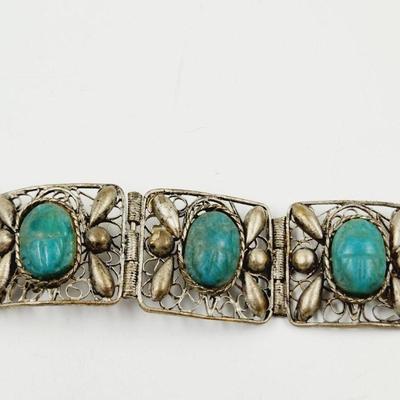 ANTIQUE HANDCRAFTED SILVER & TURQUOISE BRACELET & EARRING SET - SEE DESCRIPTION