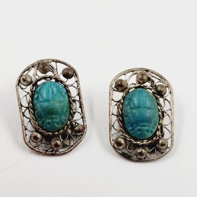 ANTIQUE HANDCRAFTED SILVER & TURQUOISE BRACELET & EARRING SET - SEE DESCRIPTION