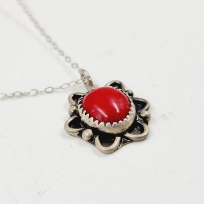 . 925 SILVER RED CORAL NECKLACE W/ PENDANT