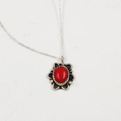 . 925 SILVER RED CORAL NECKLACE W/ PENDANT