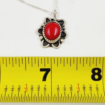 . 925 SILVER RED CORAL NECKLACE W/ PENDANT