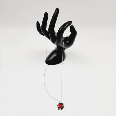 . 925 SILVER RED CORAL NECKLACE W/ PENDANT