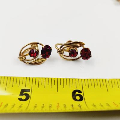 VINTAGE VAN DELL RED RHINESTONE 12K GOLD FILLED NECKLACE & EARRINGS SET