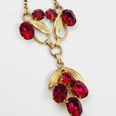 VINTAGE VAN DELL RED RHINESTONE 12K GOLD FILLED NECKLACE & EARRINGS SET