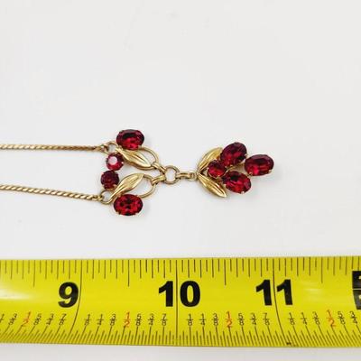 VINTAGE VAN DELL RED RHINESTONE 12K GOLD FILLED NECKLACE & EARRINGS SET