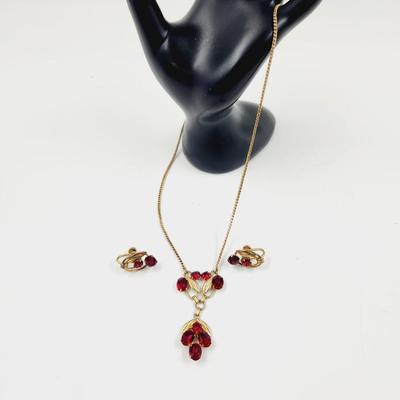 VINTAGE VAN DELL RED RHINESTONE 12K GOLD FILLED NECKLACE & EARRINGS SET