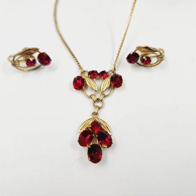 VINTAGE VAN DELL RED RHINESTONE 12K GOLD FILLED NECKLACE & EARRINGS SET