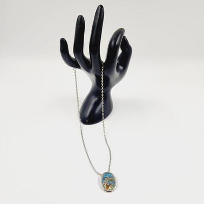 SILVER TONED ABALONE & TURQUOISE RAINBOW DECOR NECKLACE & PENDANT
