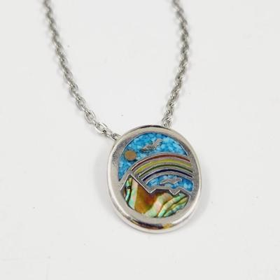 SILVER TONED ABALONE & TURQUOISE RAINBOW DECOR NECKLACE & PENDANT