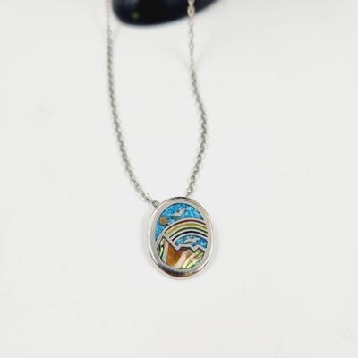 SILVER TONED ABALONE & TURQUOISE RAINBOW DECOR NECKLACE & PENDANT