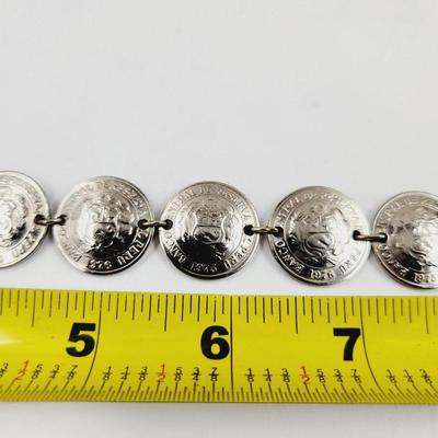 HANDCRAFTED SILVERTONED PERU FAUX COIN BRACELET
