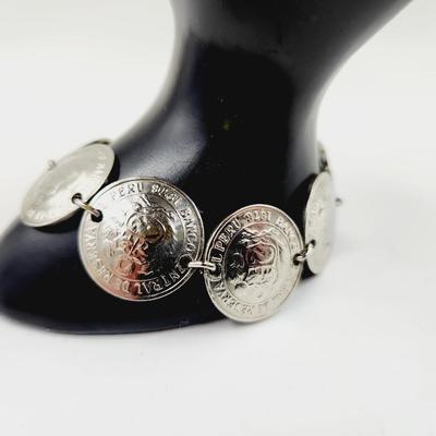 HANDCRAFTED SILVERTONED PERU FAUX COIN BRACELET