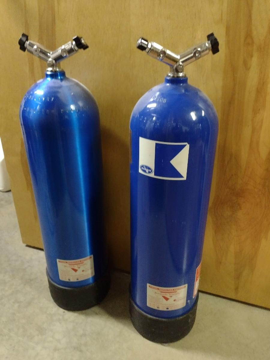 Pair of Two Blue Luxfer Brand Scuba Dive Gas Tanks with Double Head