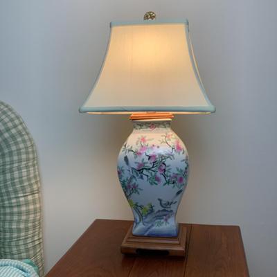 Lot 8404. Oriental Floral Cherry Blossom Porcelain Vase Lamp with Silk Shade