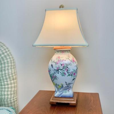 Lot 8404. Oriental Floral Cherry Blossom Porcelain Vase Lamp with Silk Shade