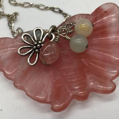 Barse Rose Quartz Carved Butterfly Pendant Necklace | Semi Precious Stone Jewelry. Silver 925