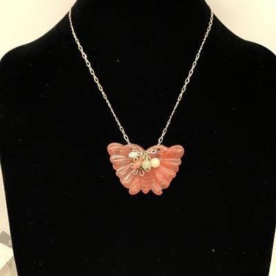 Barse Rose Quartz Carved Butterfly Pendant Necklace | Semi Precious Stone Jewelry. Silver 925
